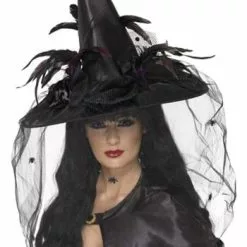 Smiffys Feathers And Netting Black Witch Hat